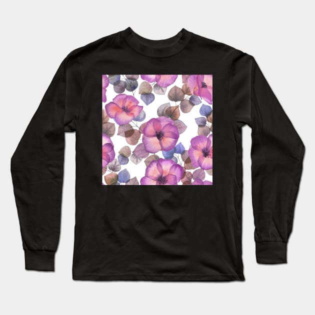 Tropical vibrant Hibiscus flowers and leaves. Transparent watercolor flowers print Long Sleeve T-Shirt by likapix